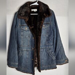 Marvin Richards Women's Faux Fur Lined Denim Jean Jacket Coat Size L Hip Length